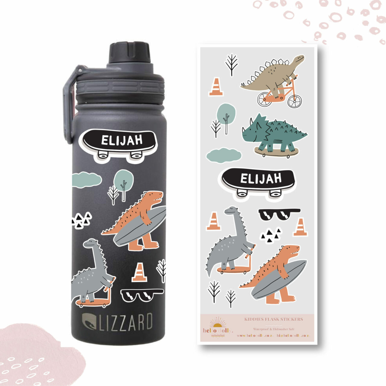 Dino Skateboard Flask Stickers | Hello Dolly Designs